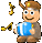 Pixelated cartoon character with brown hair and antlers playing an accordion, surrounded by floating musical notes in two animation frames.