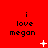 Red background with repeated text "i love megan" and small white pixelated symbols in a