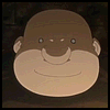 Animated cartoon head with brown skin, small ears, and a rounded nose showing sequential mouth expressions from closed smile to wide grin with white teeth.