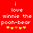 Red background with white pixelated text reading "i love winnie the pooh-bear" and five yellow/orange star-like symbols below.