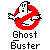 Pixelated icon features a red circular prohibition symbol with a white ghost outline, overlaid by a white and black pixelated ghost, with 'Ghost Buster' text below.