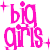 Pixel art image with pink text and three identical cartoon girls with brown braided hair, wearing white tops with pink straps, against a white background with pink sparkles.
