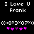 Black background displays white text "I Love U Frank" above two identical pixel art emoticons with pink and purple hearts, each with a distinct heart arrangement.