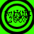 Four circular black-and-white icons on a bright green background, each containing stylized text with visible pixelation and distortion.