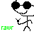 Pixelated stick figure with black sunglasses, green text 'rawr' below each instance, and visible animation changes across frames.