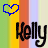 Animated sequence of 'Kelly' text with blue heart symbols on striped background, showing color variations in lettering and hearts.