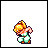 Pixel art animation of a character with orange hair and green pants in two frames showing running motion against white background