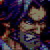 Pixelated character with yellow and white striped torso, red and orange limbs against black background; visible motion blur in horizontal lines.