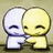 Two round-headed figures embrace; one white, one yellow. Pink text overlays change across frames: 'NOPE' then 'LOVE YOU'.