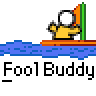 Animated contact sheet showing a yellow stick figure character on an orange raft with green-and-orange striped poles, performing actions across multiple frames including standing, falling into water, and interacting with gray shark fins.