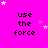 Bright pink background with repeated 'use the force' text and scattered white/pink stars, one gray rectangle in bottom-right corner.