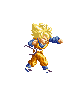Pixel art character with spiky yellow hair in orange and blue martial arts uniform performing sequential combat poses against gray background.