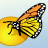 Pixelated butterfly with orange, yellow, and black wings perched on a large yellow circular shape against light blue background.