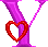 Two static views of a purple 'Y' shape with a heart-shaped overlay; left view shows red heart, right view shows cyan heart.