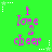 Green background with repeated pink text 'i love 2 cheer' and white star outlines in corners.