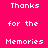 Pixelated text 'Thanks for the Memories' appears in two distinct color schemes across a split background.
