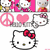 Pixelated Hello Kitty icons with pink and gray elements, including peace signs, hearts, lightning bolts, and the word 'meow' in bright pink.