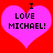 Two pink hearts on red background with black text reading "I LOVE MICHAEL!" in pixelated font.