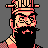 Pixel art portrait of a bearded man with glasses wearing a striped hat and checkered shirt, rendered in red, black, and beige tones on gray background.