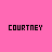 Pixelated text 'COURTNEY' in black and white on a pink background with partial gray overlay.