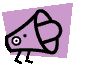 A purple megaphone-shaped character with black outline, white eyes, and small black pupils stands on two thin black legs against a light gray background.