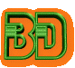 Green 'BD' letters with orange outline in 3D style, displayed across multiple views showing rotation and perspective changes on gray background.