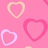 Pixelated pink background with three heart outlines in yellow, white, and red; black display purple text names