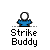 Pixelated character in blue shirt with white head, displaying sequential animation states including floating particles and smoke effects beneath the figure.