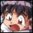 Pixelated anime-style character with wide eyes and open mouth, next to stylized text on black background.