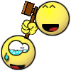 Yellow circular face with black outline, red mouth, and two curved eyebrows; one hand holds a brown wooden gavel while the other shows tears or water droplets.