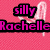 Pixelated pink background with 'silly Rachelle' text and a white winged figure, transitioning to beach scene with heart-shaped sand drawing.