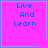 Four identical pink squares with cyan borders display "Live And Learn" text; top-right has a cyan heart, bottom-right has a cyan starburst.