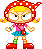 Pixel art character with red-and-white checkered headscarf, yellow pigtails, pink shirt, blue skirt, green socks, and red shoes in two expressions.