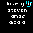 Black background with white pixelated text reading 'i love you', 'steven', 'james', and 'aidala' in two , one featuring a cyan heart symbol replacing the letter 'u' in 'you'