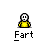 Animated contact sheet of a pixel art buddy icon showing sequential frames of a stick figure character in yellow clothing with the word "Fart" below it, displaying motion effects like sound waves and smoke across different states.