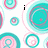 Pixelated pattern of overlapping teal and pink concentric circles on white background with partial text fragments.