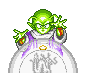Green-skinned character with multiple eyes and a white-and-purple robe holds up both hands, one hand's palm glowing red-orange while the other glows green.
