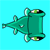 Animated green cartoon submarine icon with rotating propeller and visible hull details on cyan background.