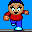 Pixelated character in red shirt and blue pants performs walking animation with alternating leg and arm movements against blue background.