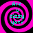 Four identical spiral patterns with pink and black stripes, each containing cyan text reading 'Are u dizzy yet?' in a pixelated font.