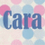 Pixelated image with blue text 'Cara' over a background of pink and light blue circular shapes on white.