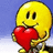 A yellow smiley face holding a red heart against a blue background with orange pixelated text.