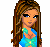 Pixelated character in blue bikini top with green floral accents, holding a light blue bag and wearing matching shoes on white background.