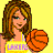 Pixelated cartoon woman holding basketball with text phrases on yellow background in 2x2 contact sheet layout