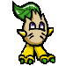 Pixelated character with green leafy hair, yellow limbs, and purple eyes shifts from upright to crouched poses