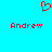 Red pixelated heart symbol above two red 'Andrew' text instances on cyan background.