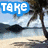 Beach scene with palm trees and water, text 'take me there' in blue boxes across four