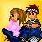 Pixel art buddy icon featuring two cartoon characters on a yellow background with text reading 'me and my gurl' in striped letters.