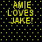 Yellow pixelated text on black background with yellow dots, displaying "AMIE LOVES JAKE!" in four identical with slight animation variations