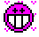 Pixelated icon with bright pink circular shape, black outline, two white rectangular eyes, and two black plus signs on top, surrounded by scattered pink square sparkles.